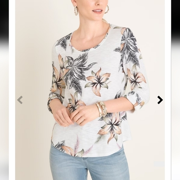 Chico's Cotton Blend Slub Floral Utility Sleeve Button Tee Size Large Tropical - Picture 2 of 12